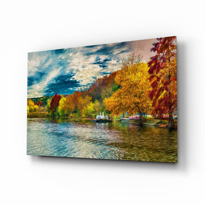 Golden Autumn Lakeside Painting Glass Wall Art