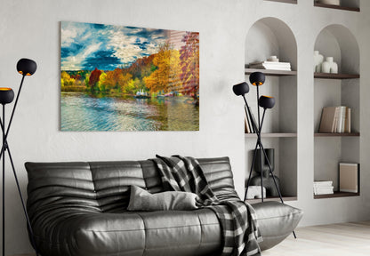 Golden Autumn Lakeside Painting Glass Wall Art