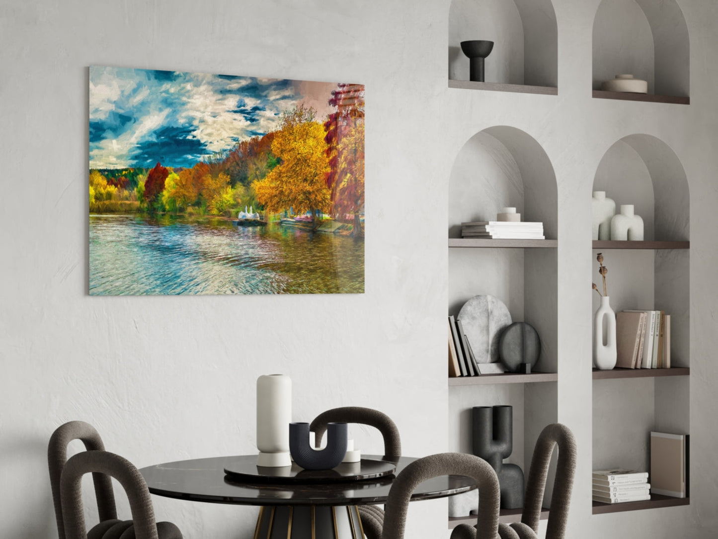 Golden Autumn Lakeside Painting Glass Wall Art