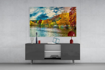 Golden Autumn Lakeside Painting Glass Wall Art