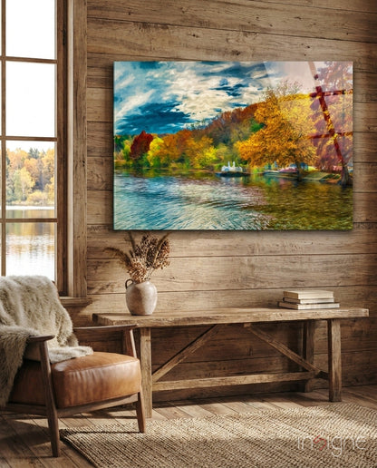 Golden Autumn Lakeside Painting Glass Wall Art