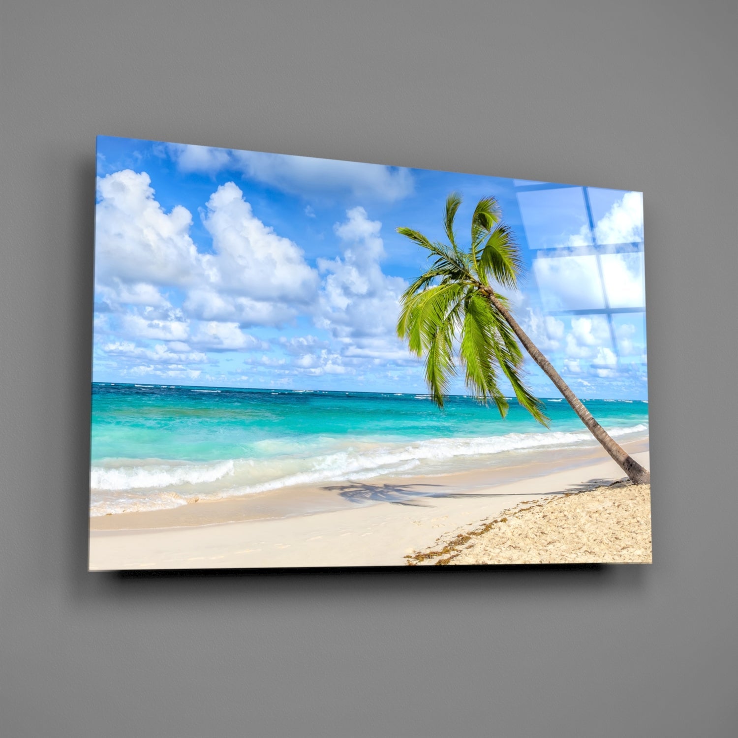 Tropical beach scene with palm tree, turquoise ocean, and white sand printed on glass wall art panel.