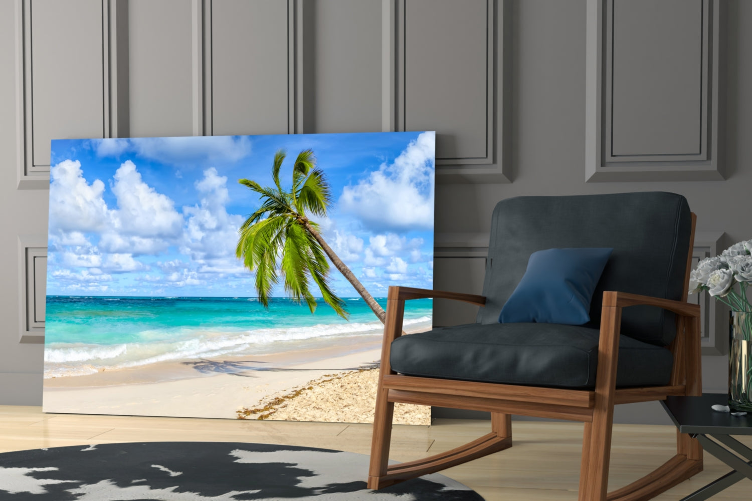 Tropical beach glass wall art featuring palm tree and turquoise ocean displayed next to wooden chair in modern room.