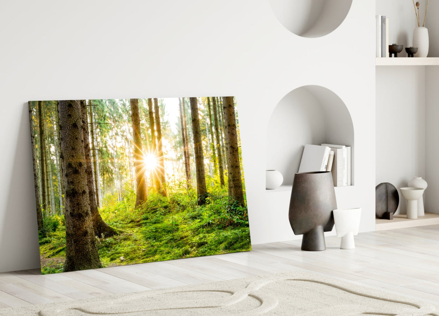 Sunrays Through Forest Trees Glass Wall Art