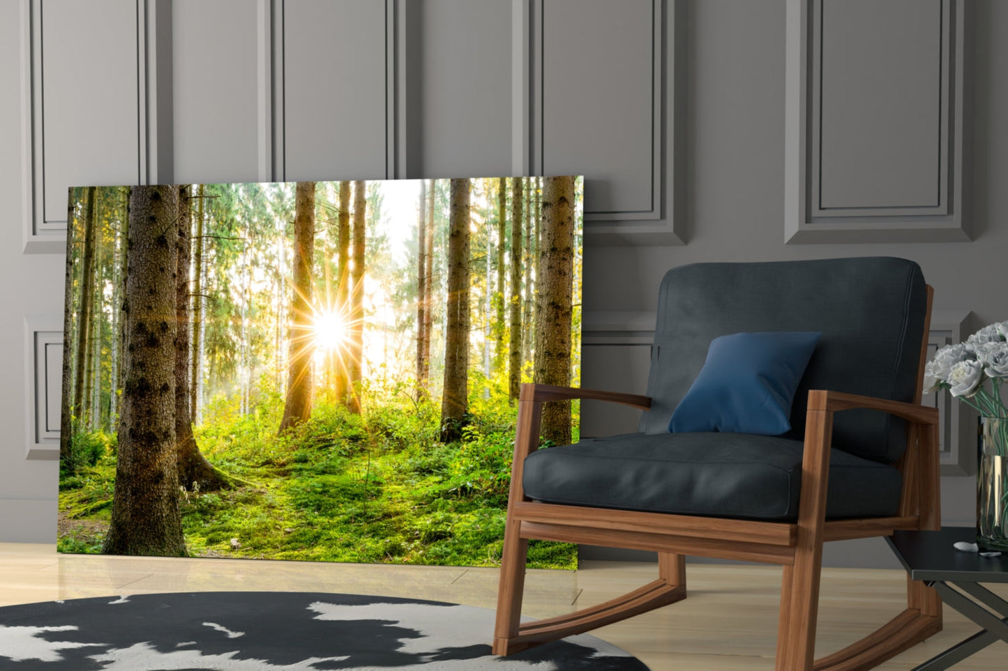 Sunrays Through Forest Trees Glass Wall Art