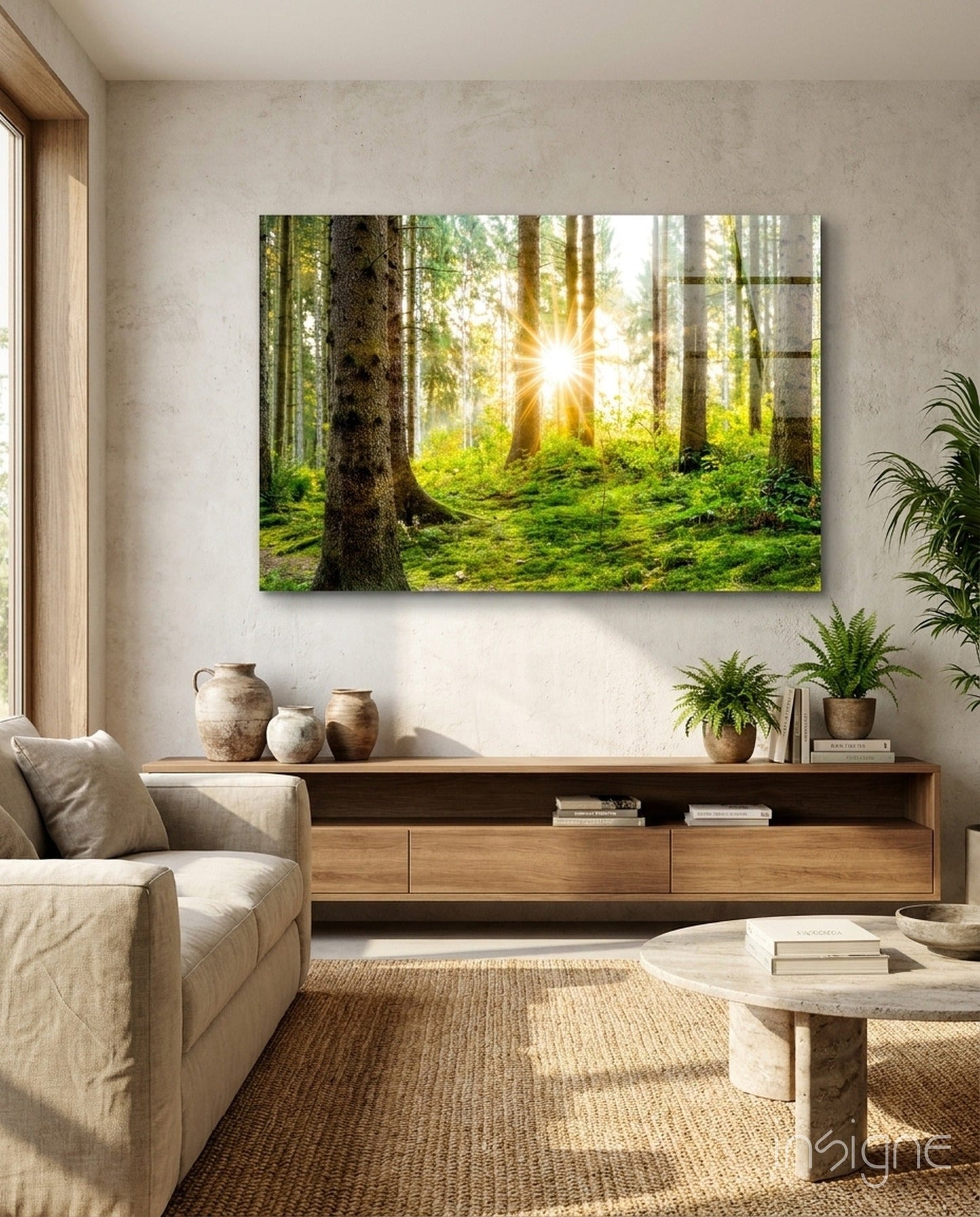 Sunrays Through Forest Trees Glass Wall Art