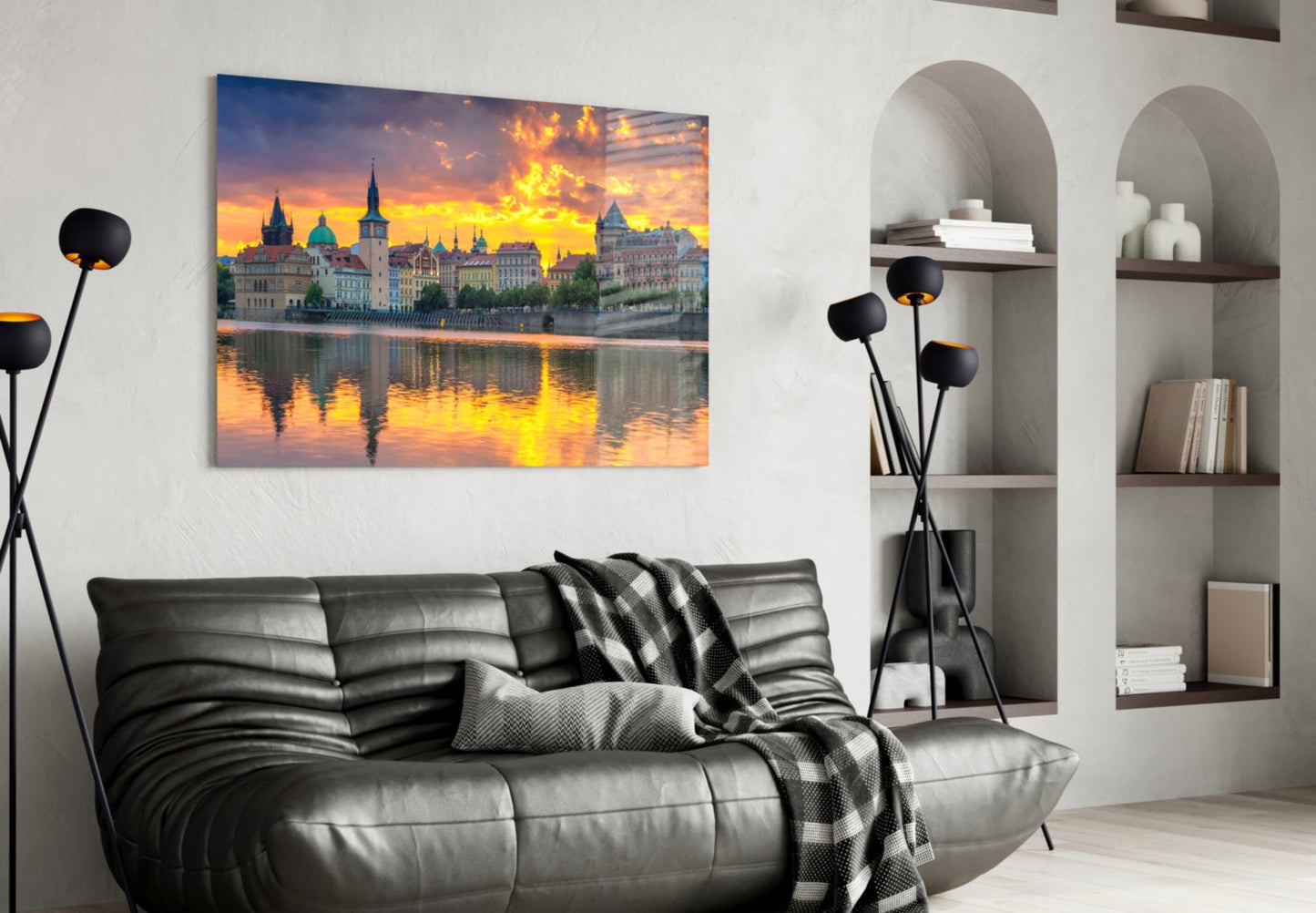 Fiery Sunset Clouds Prague Panorama Glass Wall Art