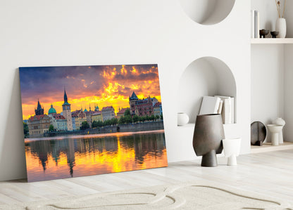 Fiery Sunset Clouds Prague Panorama Glass Wall Art