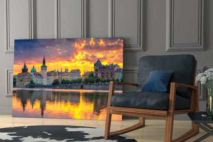 Fiery Sunset Clouds Prague Panorama Glass Wall Art