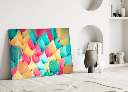 Floating Pastel Party Balloons Glass Wall Art
