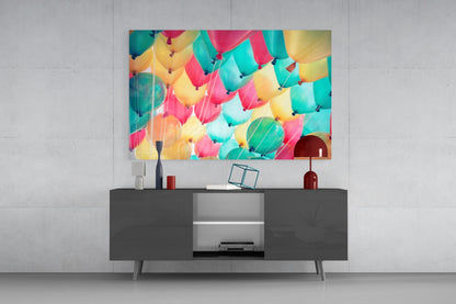 Floating Pastel Party Balloons Glass Wall Art