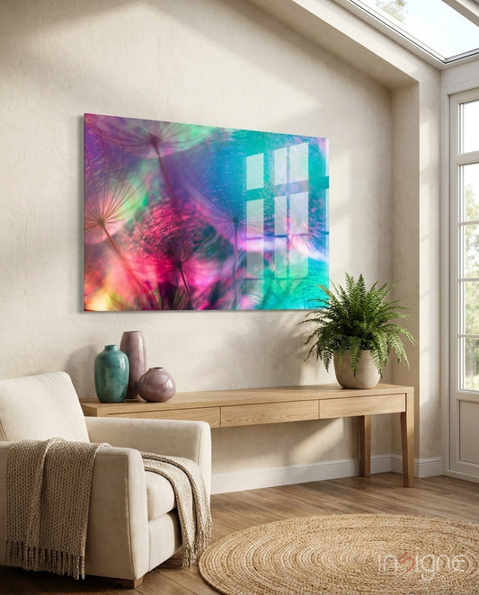 Vivid dandelion bokeh abstract glass wall art displayed above wooden console table in bright modern living room with cream chair and potted plants.