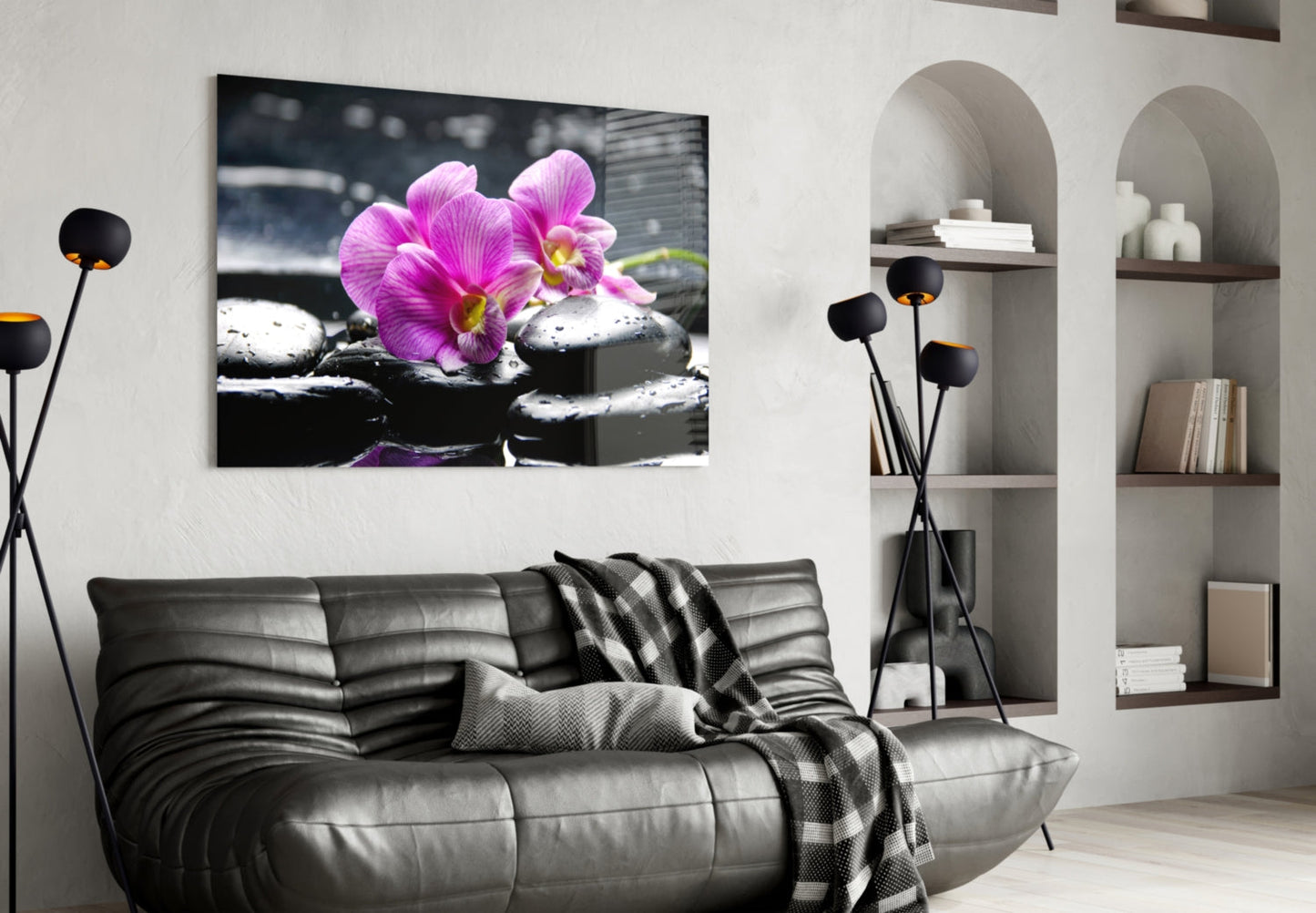 Magenta Orchid Pair Black Stones Glass Wall Art