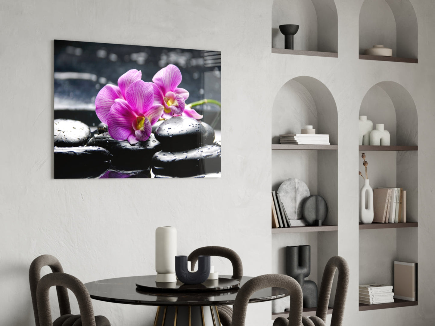 Magenta Orchid Pair Black Stones Glass Wall Art