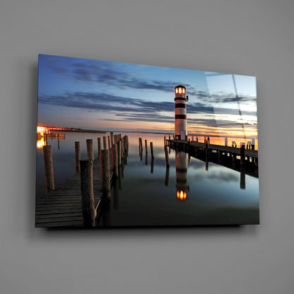 Striped Tower Dusk Pier Lighthouse Glass Wall Art