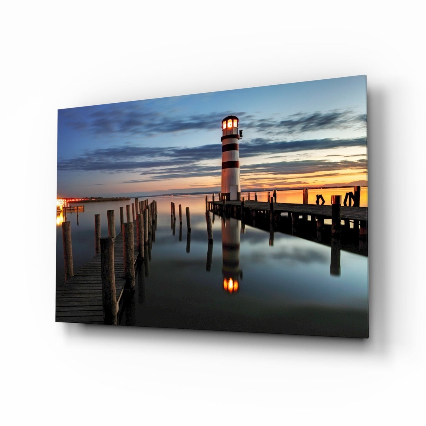 Striped Tower Dusk Pier Lighthouse Glass Wall Art