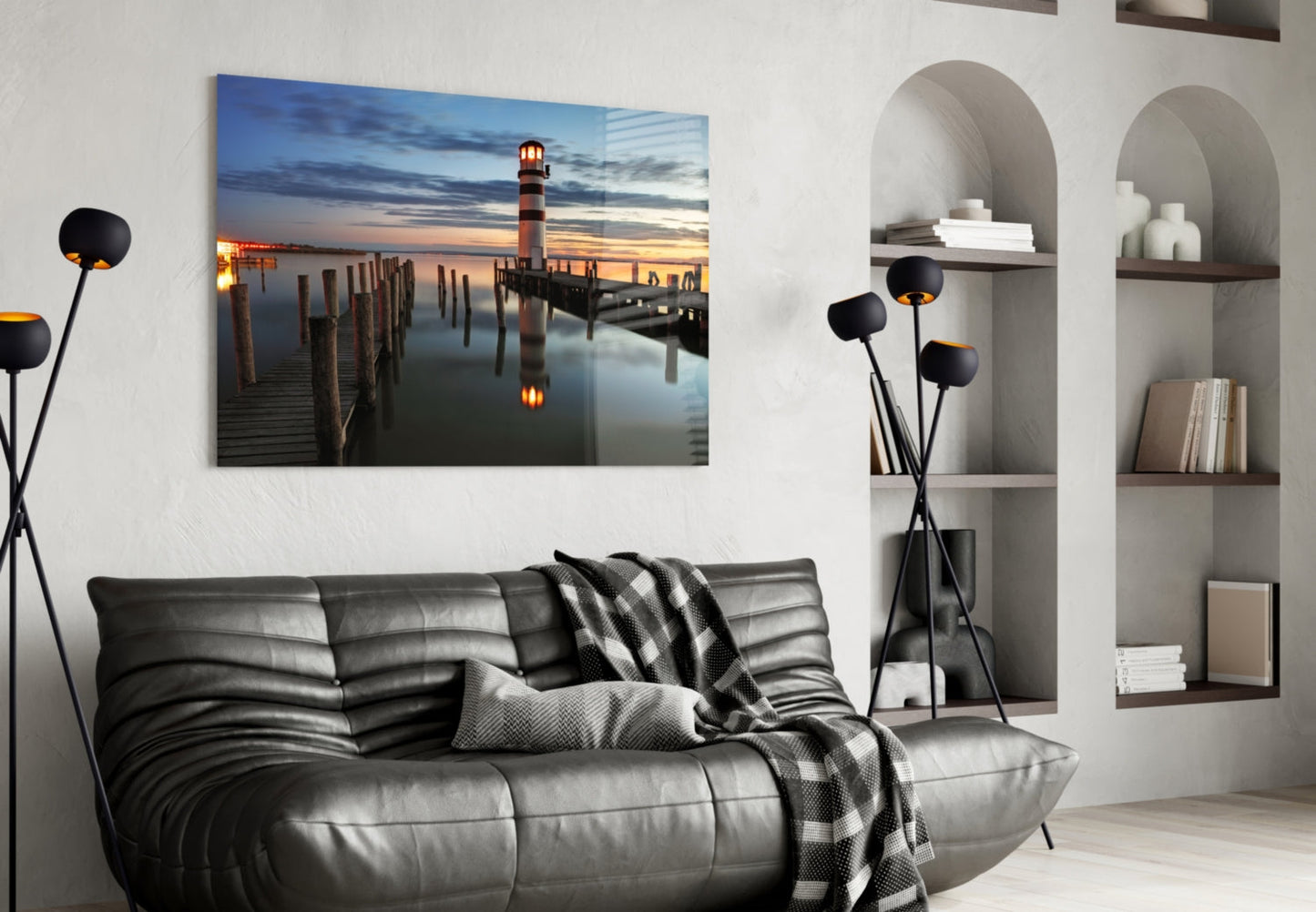 Striped Tower Dusk Pier Lighthouse Glass Wall Art