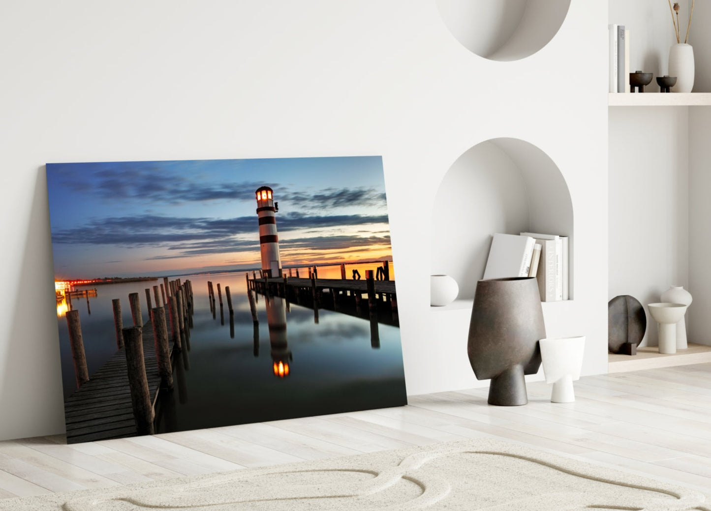 Striped Tower Dusk Pier Lighthouse Glass Wall Art