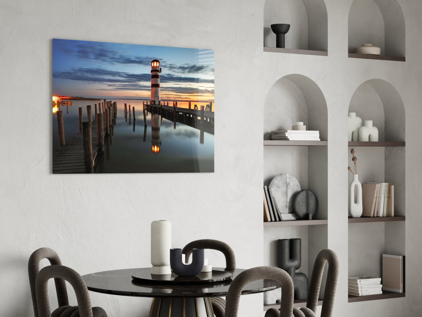 Striped Tower Dusk Pier Lighthouse Glass Wall Art