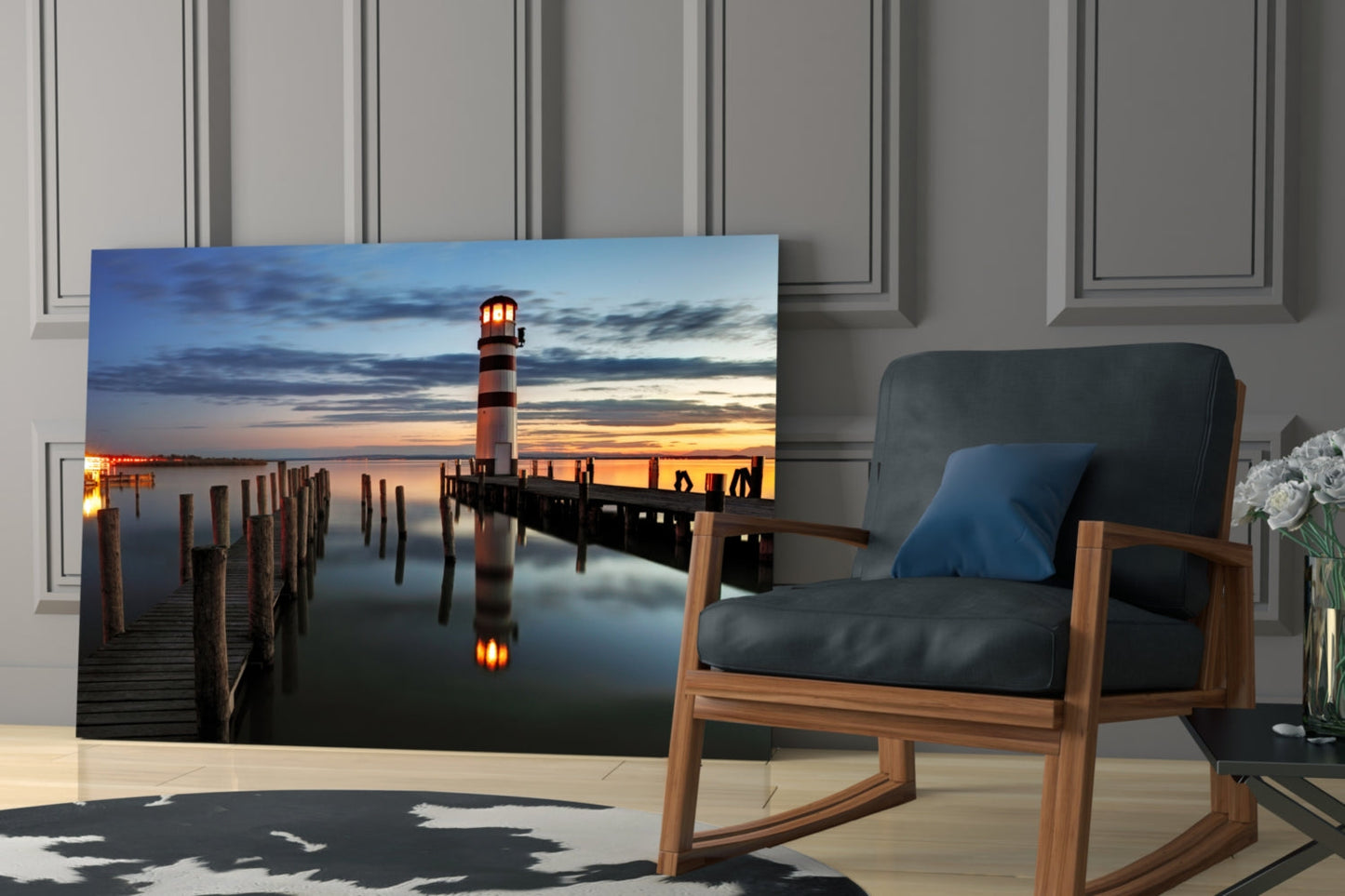 Striped Tower Dusk Pier Lighthouse Glass Wall Art