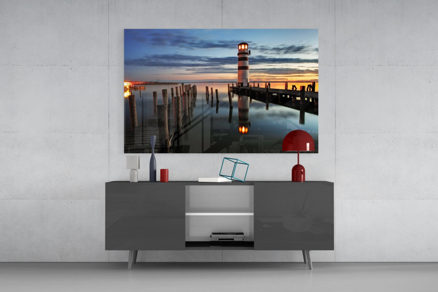 Striped Tower Dusk Pier Lighthouse Glass Wall Art