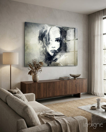 Watercolor Ink Woman Face Glass Wall Art