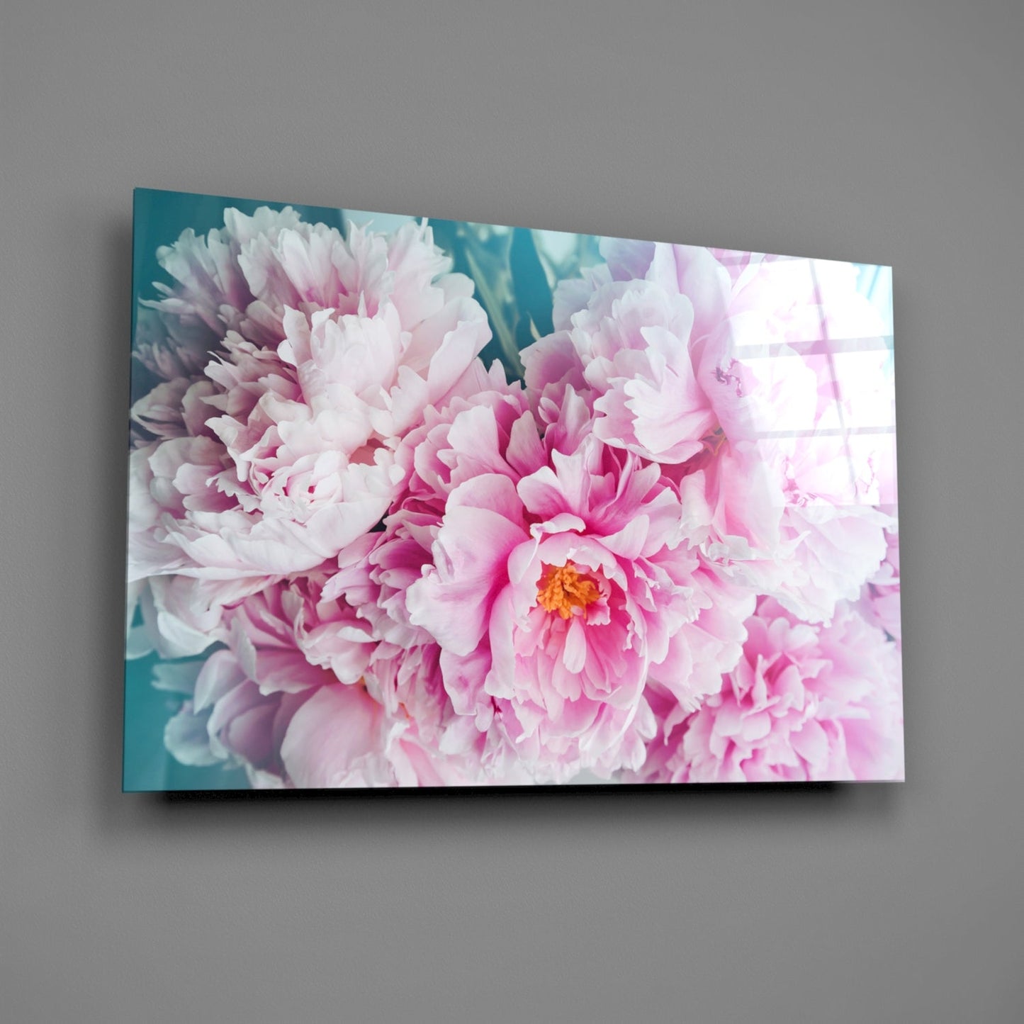 Pink Peony Bunch Teal Glass Wall Art