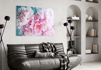 Pink Peony Bunch Teal Glass Wall Art