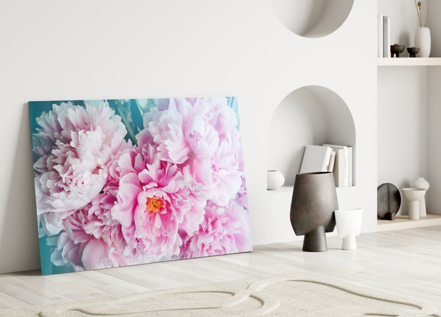 Pink Peony Bunch Teal Glass Wall Art