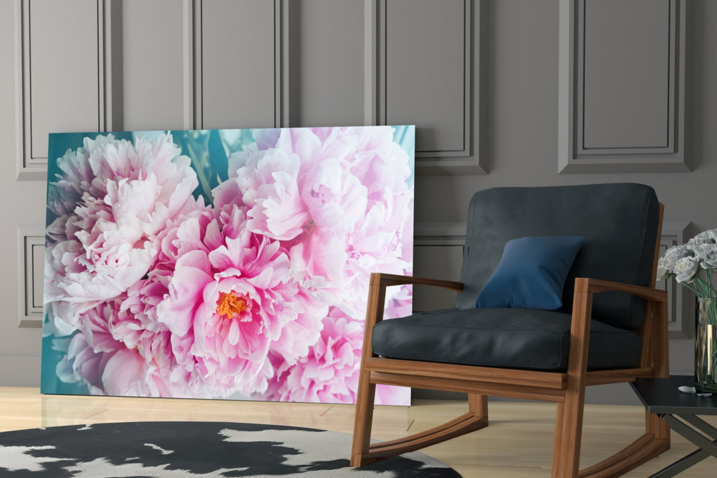 Pink Peony Bunch Teal Glass Wall Art