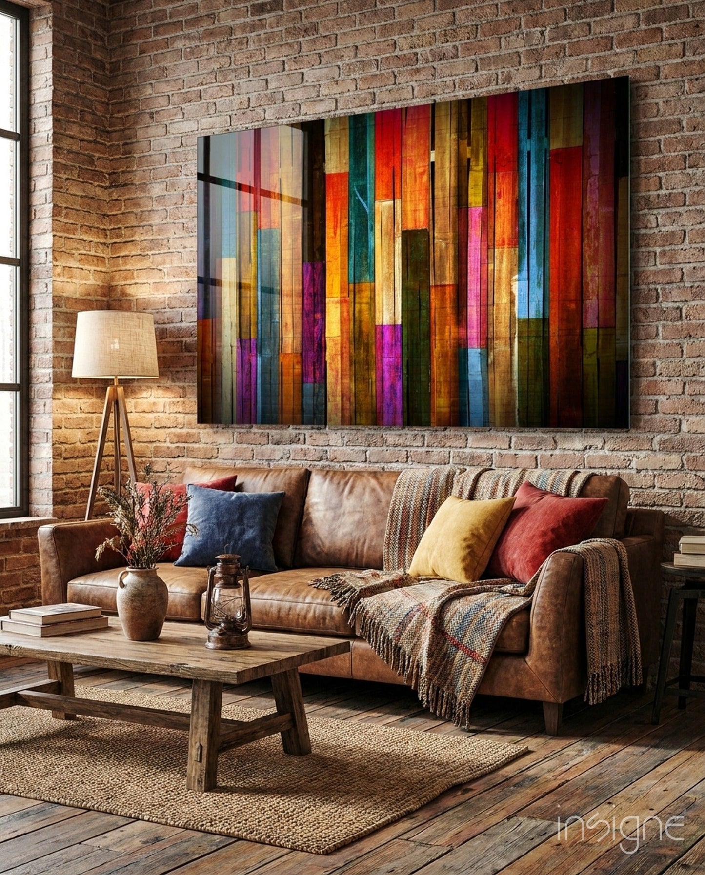 Vibrant Multicolor Wood Plank Stripes Glass Wall Art