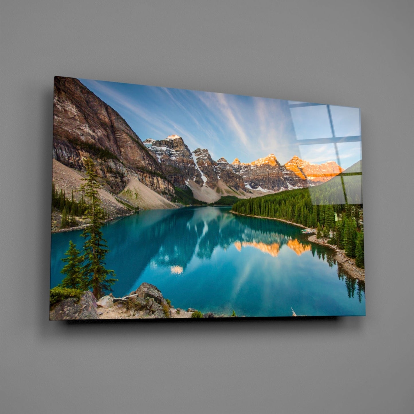Turquoise Mountain Lake Sunrise Glass Wall Art