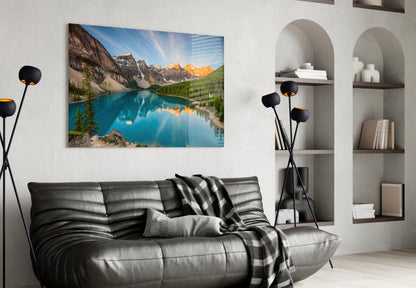 Turquoise Mountain Lake Sunrise Glass Wall Art