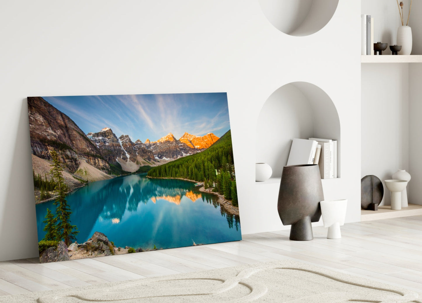 Turquoise Mountain Lake Sunrise Glass Wall Art