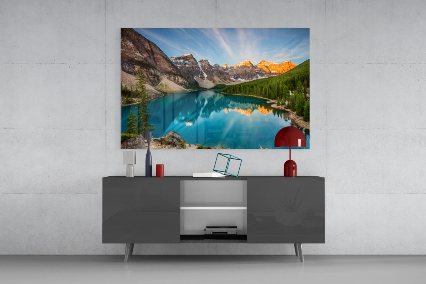 Turquoise Mountain Lake Sunrise Glass Wall Art