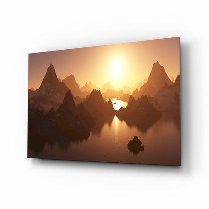 Amber Sunset Jagged Peaks Over Water Glass Wall Art