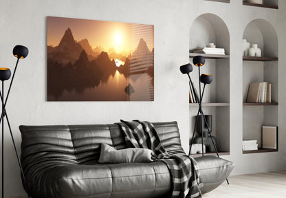 Amber Sunset Jagged Peaks Over Water Glass Wall Art