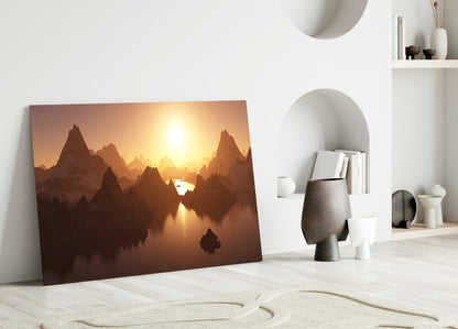 Amber Sunset Jagged Peaks Over Water Glass Wall Art