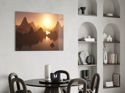 Amber Sunset Jagged Peaks Over Water Glass Wall Art