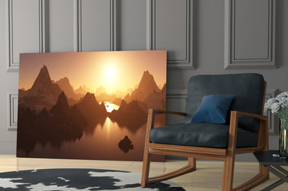 Amber Sunset Jagged Peaks Over Water Glass Wall Art