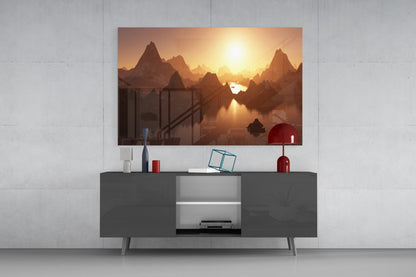 Amber Sunset Jagged Peaks Over Water Glass Wall Art