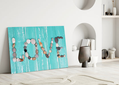 Pebble Love Letters On Turquoise Wood Glass Wall Art