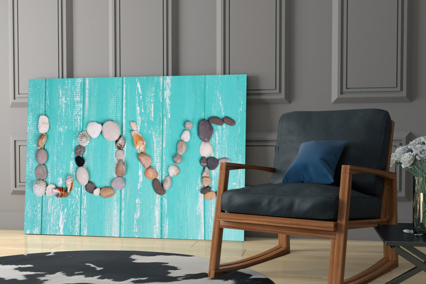 Pebble Love Letters On Turquoise Wood Glass Wall Art