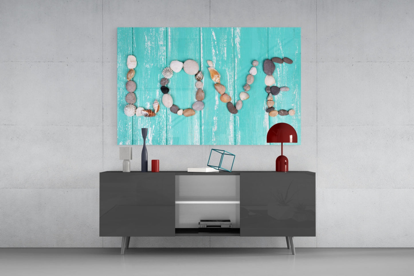Pebble Love Letters On Turquoise Wood Glass Wall Art