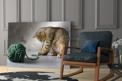Tabby Kitten Green Yarn Glass Wall Art