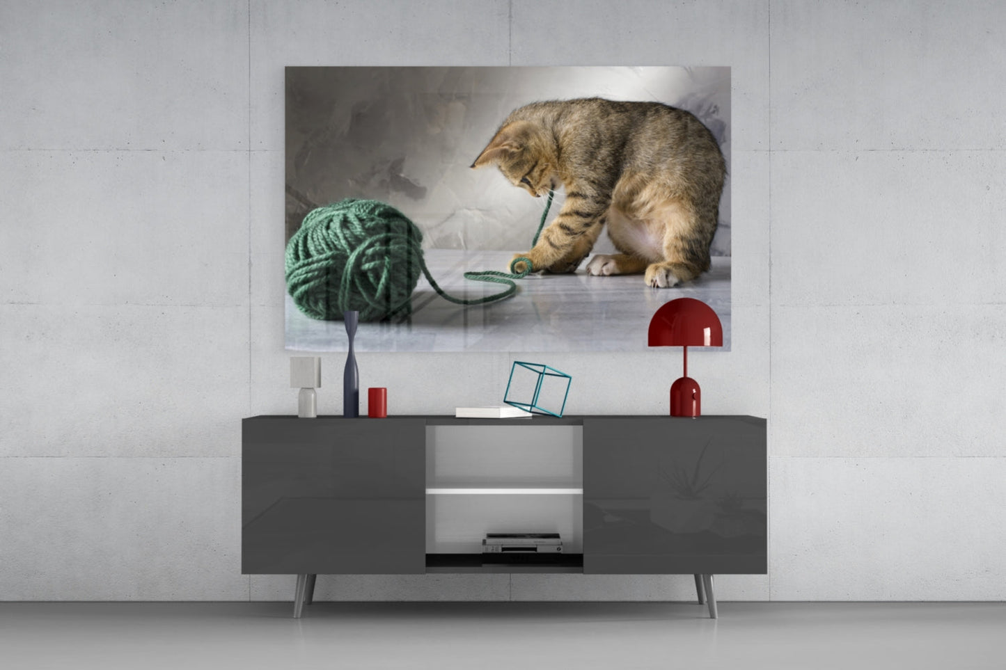 Tabby Kitten Green Yarn Glass Wall Art