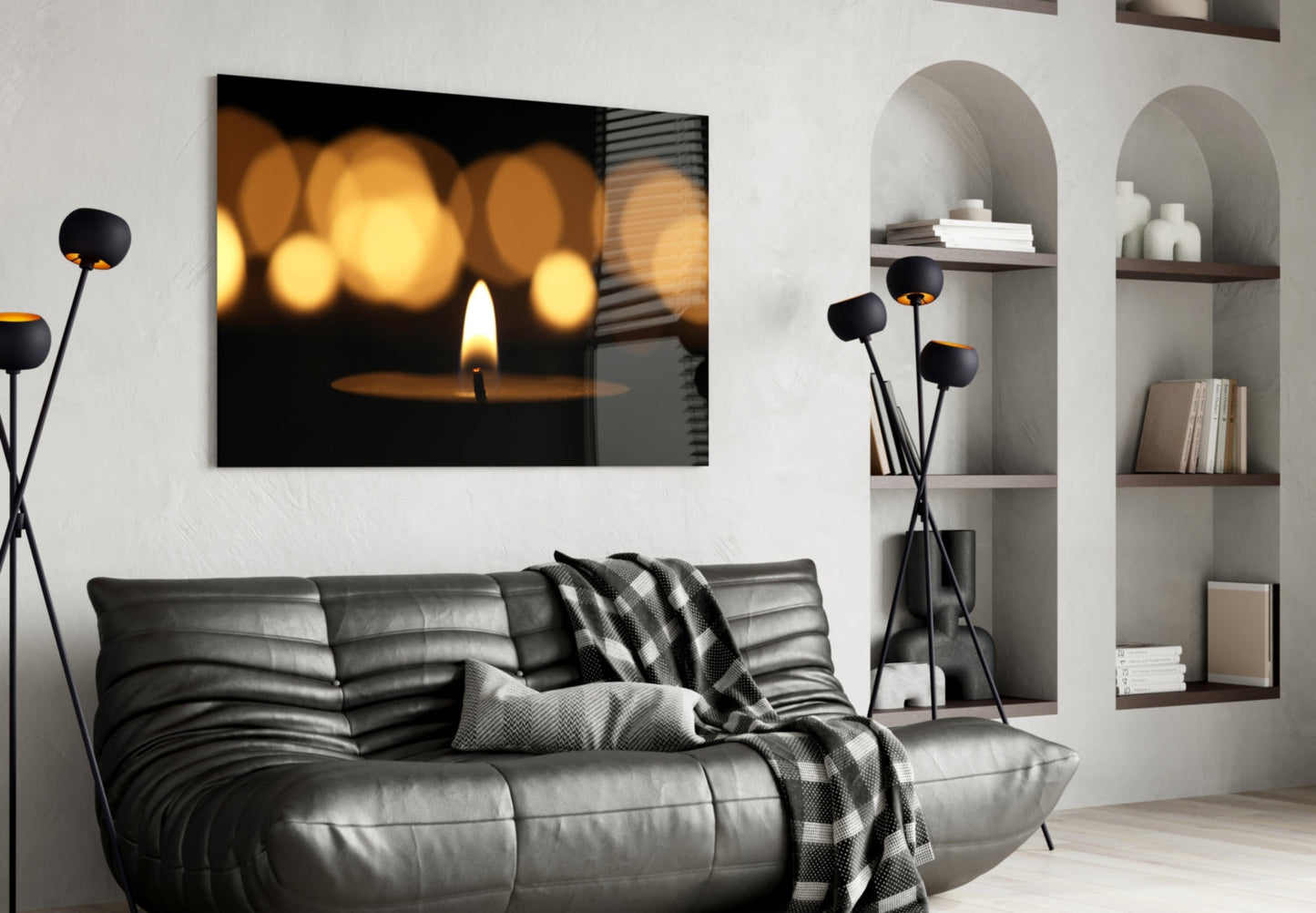 Single Flame With Golden Bokeh Glass Wall Art