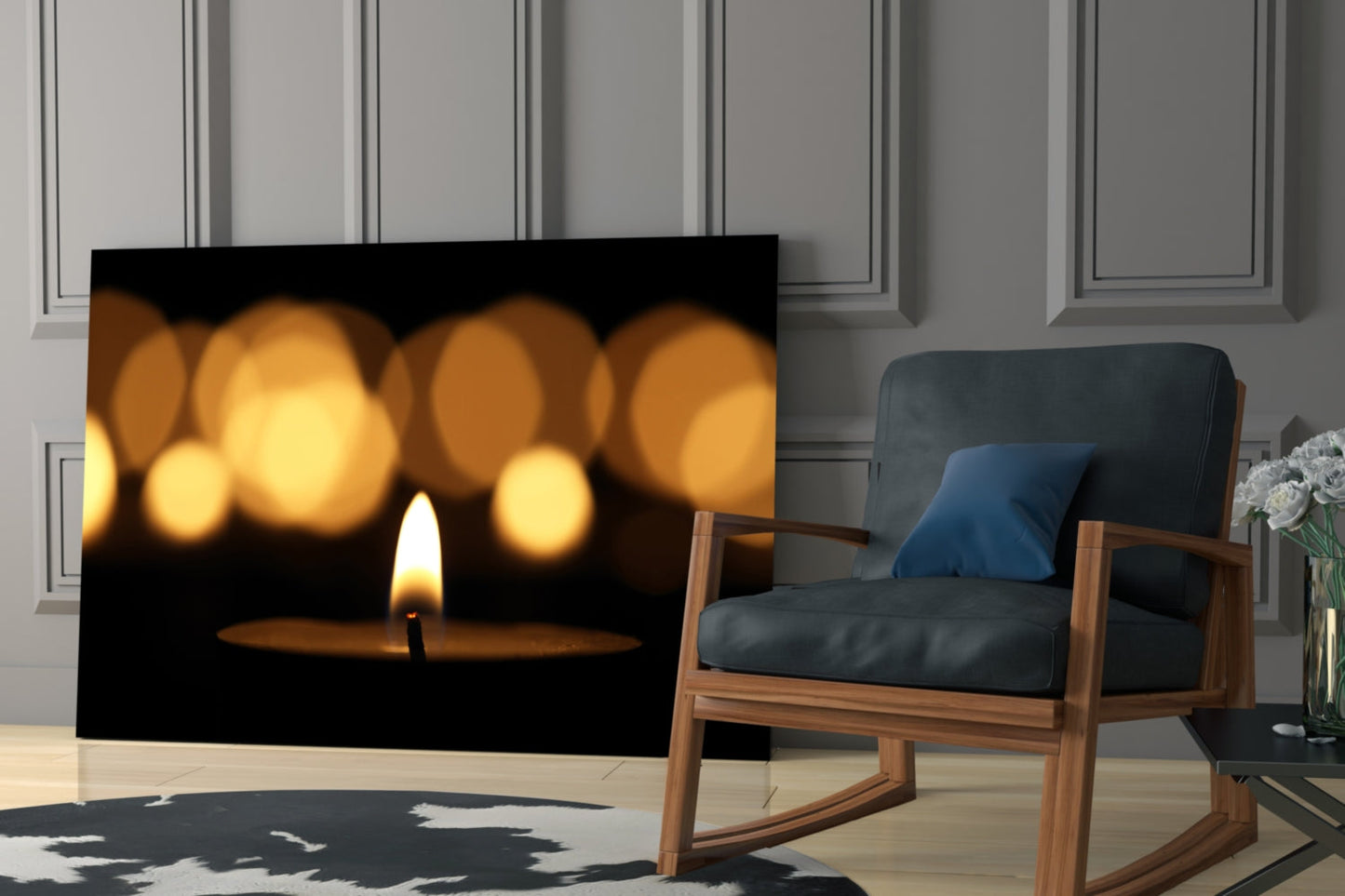 Single Flame With Golden Bokeh Glass Wall Art
