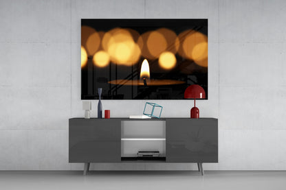 Single Flame With Golden Bokeh Glass Wall Art