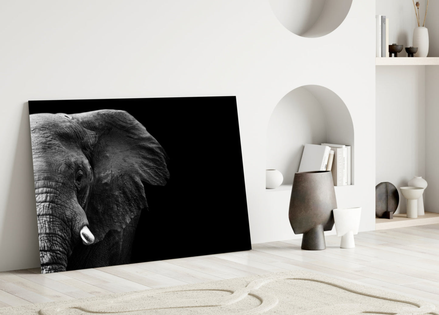 Dramatic Black Background Elephant Glass Wall Art